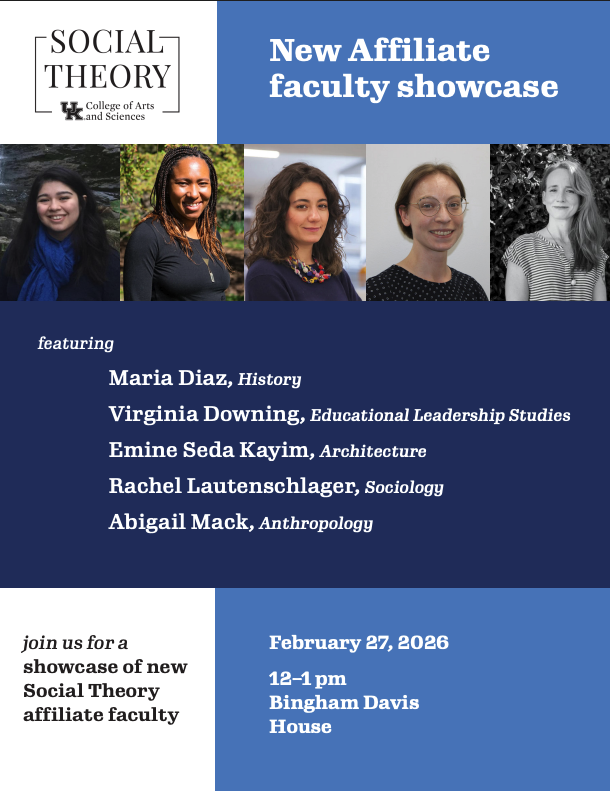 Graphic poster of Social Theory Showcase of new affiliate faculty by UK Arts and Sciences Social Theory Program